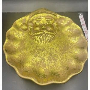Vintage Gold Textured Decorative 9” Santa Plate Dish Christmas Decor C10